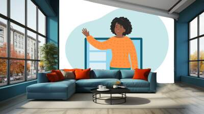 Online distance education. Teacher explain the topic of the lesson. African-american woman talking on laptop screen. Educational webinar vector illustration. Wall mural