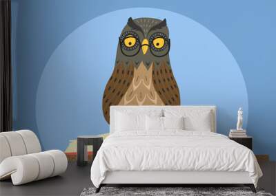 Owl sitting on open book on blue background. Education, learning; teaching vector illustration. Wall mural