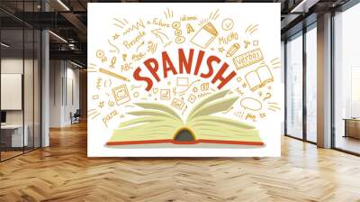 Spanish. Open book with language hand drawn doodles and lettering Wall mural