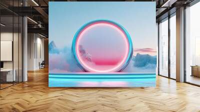 3d Mock up Metallic blue podium with sci-fi elements and alien landscape Pedestal stage for futuristic product presentation Extraterrestrial scene for advertising Sale promotion ba Wall mural