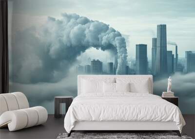 A hazy city skyline obscured by cloud and pollution, with smoke billowing from buildings, highlighting urban environmental challenges. Wall mural