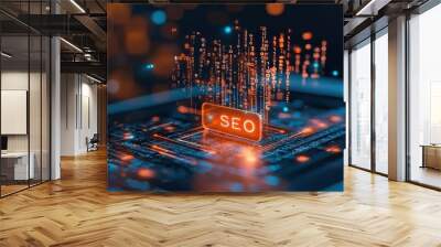 A vibrant digital illustration showcasing the concept of SEO with glowing elements on a circuit board. Wall mural