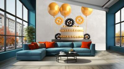 Steampunk podium with a mechanical birthday cake and gear-shaped balloons, 3D render, industrial and unique celebration theme Wall mural