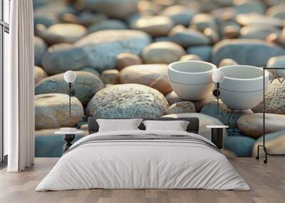 Two white ceramic bowls on a bed of smooth river rocks Wall mural