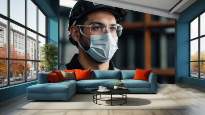 employee gentleman worker industry factory engineer wears helmet mask headphone in warehouse tone white Wall mural