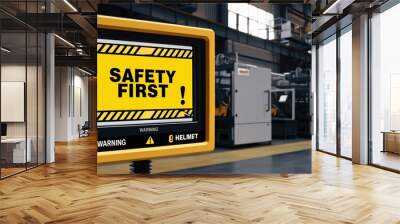 Safety first sign factory industry safety helmet for employee and worker background machine room tone yellow. Wall mural