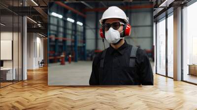 worker gentleman employee industry factory engineer wears helmet mask headphone in warehouse tone red Wall mural