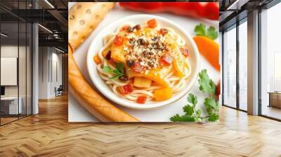 A white bowl of pasta with red and yellow bell peppers, topped with a sauce, and sprinkled with toasted nuts and parsley on a white surface. Wall mural