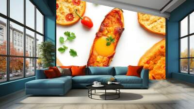 Flatlay of various breads with melted cheese and egg yolk. Wall mural