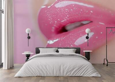 A woman's lips are covered in glittery pink lip gloss Wall mural