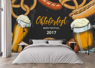 Oktoberfest celebration background with hand drawn beer, pretzel, sausage and hod dog. Hand made lettering. Sketch. Oktoberfest design for menu, poster, banner, flyer, brochure, web. Advertising  Wall mural