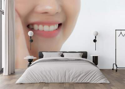 Closeup beautiful teeth of young asian woman with whitening, tooth and smile with fresh, dental and whitening, health and wellness, dentist and hygiene, expression with happy, mouth and lips. Wall mural