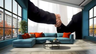 Closeup hand of business man and woman standing and shake hands while agreement of negotiation success and congratulations at office, businessman and partner handshake while greeting together. Wall mural