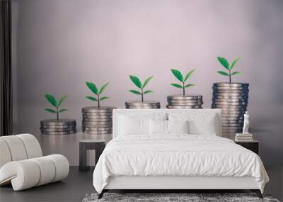 Coin stack with increase growth and leaf, finance and saving with tree, investment for profit and success, planning with financial, growing economy and fund, stock and income, business concept. Wall mural