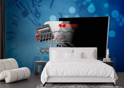 e-commerce concept. computer with a shopping cart moving on time clock background Wall mural