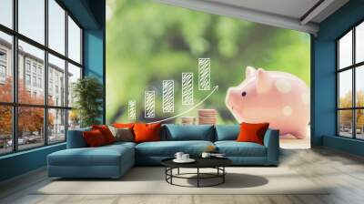 money coins stack growing graph and piggy bank nature background, business concept. Wall mural