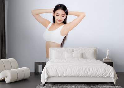 Portrait young asian woman smiling beautiful body diet with fit isolated on white background, model girl weight slim with cellulite or calories, health and wellness concept. Wall mural