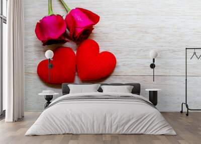 roses and heart over wooden table. Top view with copy space, concept valentine's day Wall mural