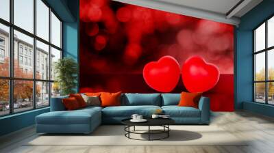 Two Heart shape on red bokeh background, abstract with glitter glowing, February 14 Valentine day, symbol of love and anniversary with romantic, couple sign with romance, nobody, holiday concept. Wall mural