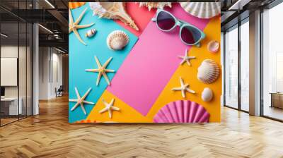 A colorful summer flat lay with seashells, starfish, and turquoise sunglasses on vibrant blue, pink, and yellow backgrounds evokes a lively beach vibe. Wall mural