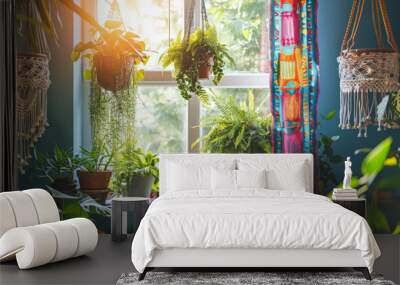 A cozy room filled with hanging and potted plants, bathed in warm sunlight coming through the window, creating a serene and vibrant atmosphere. Wall mural