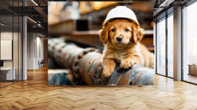 A cute puppy wearing a safety helmet lies on an industrial pipeline, suggesting a playful take on a construction site. Wall mural