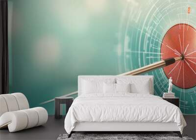 A dart hits the center of a digital target, symbolizing precision and accuracy in achieving goals or success in a high-tech environment. Wall mural