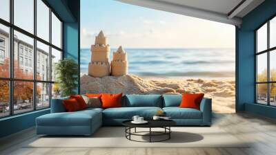 A detailed sandcastle sits on a sunny beach, with calm ocean waves in the background and a bright, clear sky overhead. Wall mural