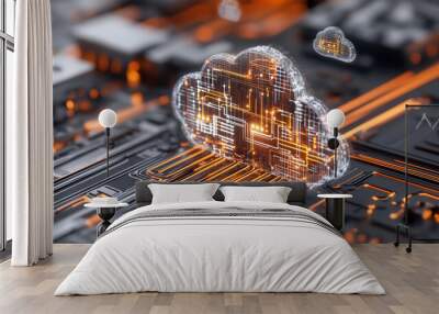 A glowing digital cloud icon hovers above intricate circuitry, symbolizing cloud computing and data integration in modern technology. Wall mural