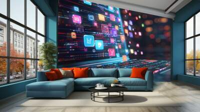 A laptop displaying numerous digital icons and applications, symbolizing online connectivity, digital shopping, and a bustling digital ecosystem in a technologically advanced world. Wall mural