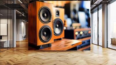 A pair of vintage wooden speakers on a shelf with stereo equipment blurred in the background. Retro audio setup. Wall mural