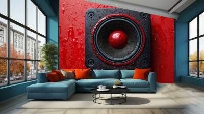 A red speaker is mounted on a wall with water droplets, creating a dynamic and lively visual effect against the vibrant background. Wall mural