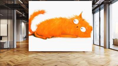 A whimsical cartoon drawing of a fluffy orange cat lying on its side with large, expressive eyes. Wall mural