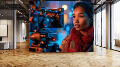 A woman in a red scarf is being filmed by a professional camera at night, with bokeh lights in the background and a monitor showing her face. Wall mural