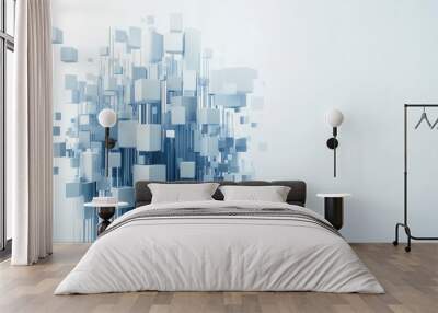 Abstract geometric art featuring numerous floating cubes and vertical lines, creating a modern, futuristic, and minimalist visual composition with a sense of depth. Wall mural