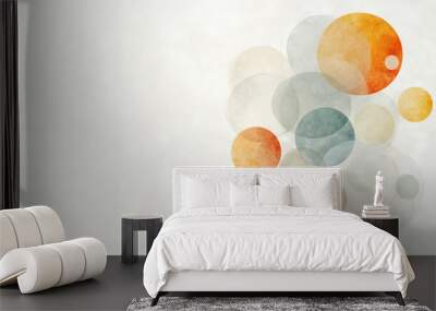 Abstract watercolor circles in shades of orange, blue, and gray overlap each other on a light, textured background, creating a minimalist and calming design. Wall mural