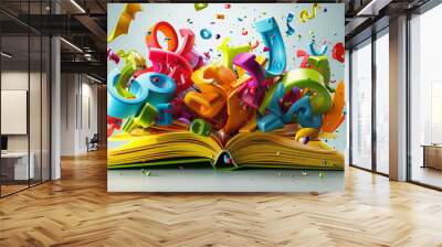 An open book with colorful 3D letters and numbers bursting out from the pages, symbolizing creativity, learning, and the magic of reading. Wall mural