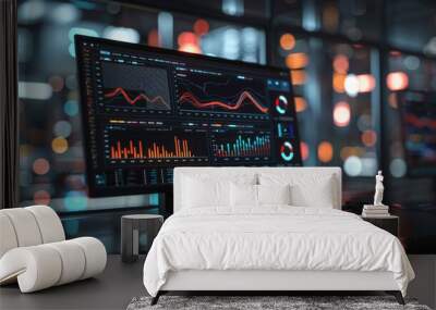 Dual computer monitors displaying financial data charts and graphs in a dark room with blurred futuristic background. Technology and analysis concept. Wall mural