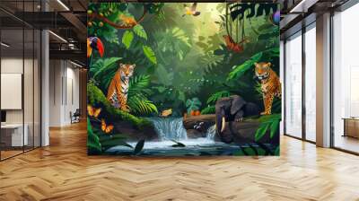 Illustration of a vibrant jungle ecosystem with a toucan, two leopards, an elephant by a waterfall, and various butterflies among lush green foliage. Wall mural