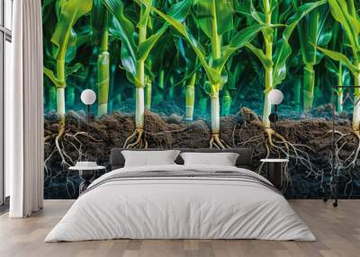 Illustration of healthy corn plants with visible root systems underground, showcasing their growth and development above and below the soil surface. Wall mural