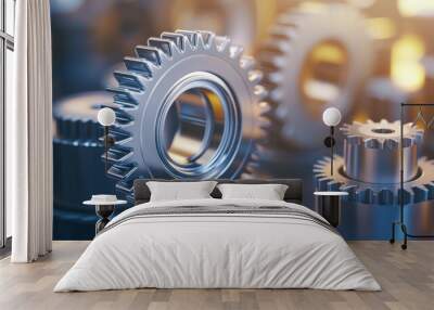 Shiny metallic gears interlock, showcasing precision engineering and industrial design. The close-up highlights intricate details and craftsmanship in a vibrant, well-lit setting. Wall mural