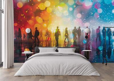 Silhouettes of people walking on a reflective surface with colorful bokeh lights in the background, creating a festive or urban night scene ambiance. Wall mural