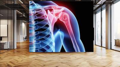 This image features a digital medical illustration highlighting the human skeletal anatomy, specifically focusing on the shoulder joint and upper arm bones with a transparent overlay. Wall mural