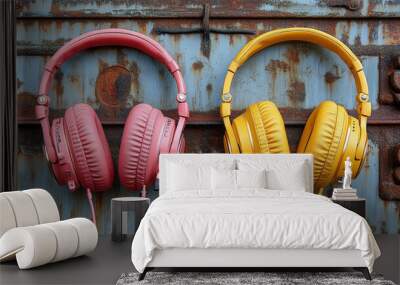 Two colorful headphones, one pink and one yellow, hang on a rustic, weathered metal surface, adding a pop of color to the background. Wall mural