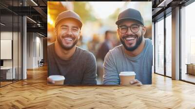 Two smiling friends enjoy coffee outdoors, sitting side by side in hats and casual attire, with a lively street market scene in the background. Wall mural