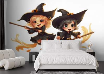 Cute Halloween witches flying on broomsticks clipart Wall mural