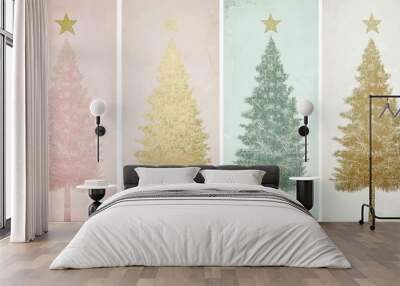 Four Christmas Trees with Glittery Stars, New Year, Merry christmas objects greeting card, poster set, postcard, banner invitation or background Wall mural