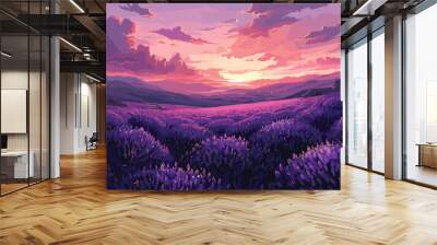 Lavender Fields in Pastel, lavender illustration, pastel colors, field of flowers design vector illustration background Wall mural