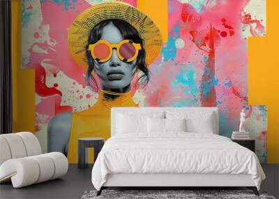 Modern trippy design meets contemporary digital collage art featuring fashion girl and abstract creative background with summer vibes. Abstract art, digital collage, fashion design, trippy artwork. Wall mural