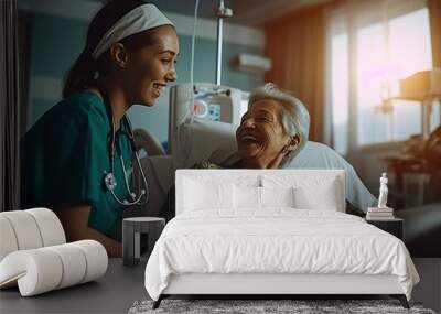 Nurse Caring for a Patient, compassionate healthcare worker, medical care in a hospital room, patient recovery, nursing duties Wall mural